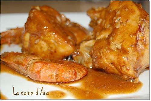 Pollo con gambas a la estilo mar y montaña