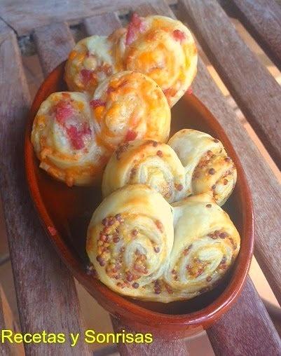 Palmeritas saladas de mostaza y miel y de jamón y queso