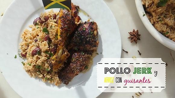 Pollo jerk y arroz con guisantes
