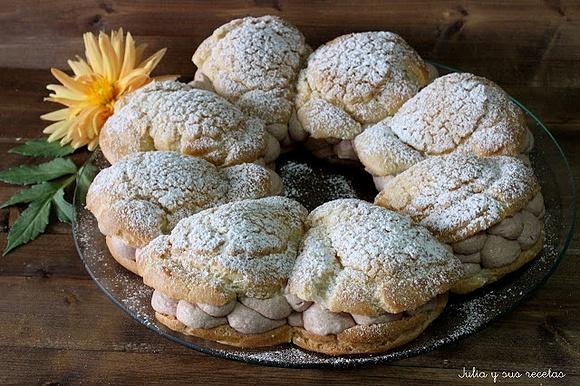 Tarta paris brest con crujiente de galleta rellena de trufa y corazón de nata