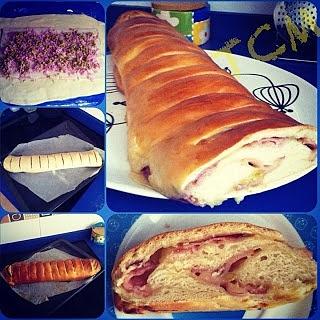 Pan relleno con bacon, jamón cocido, queso y aceitunas