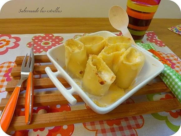 Paccheri rellenos de setas y queso con picadillo