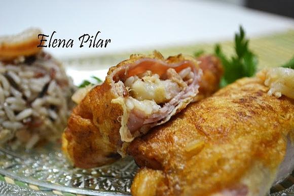 Rollitos de jamón, arroz salvaje y gambas