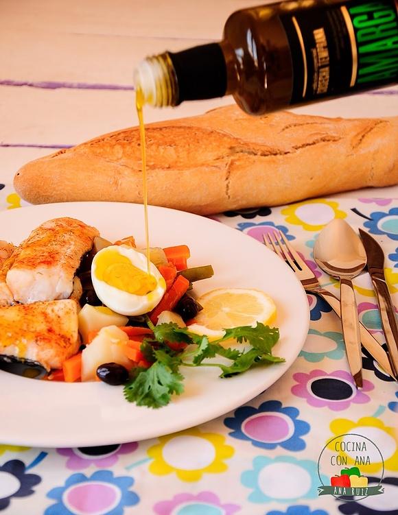 Merluza con verduras y crema de calabacín