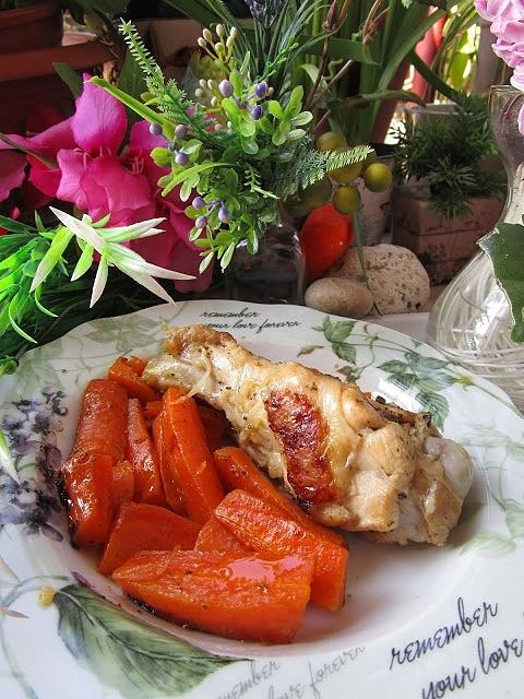 Alerón de pavo al cava con zanahoria, crema de verduras y flan