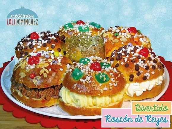 Divertido roscón de Reyes relleno de nata, trufa y crema pastelera