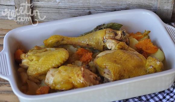Pollo guisado con calabaza y puerro