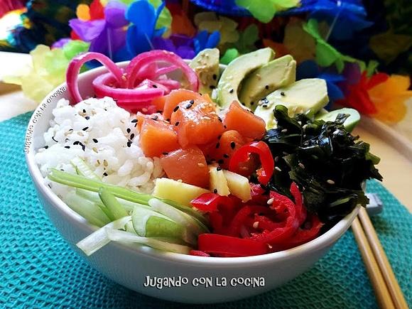 Salmon marinated poke bowl with seaweed