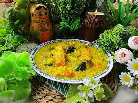 Arroz caldoso con bacalao y brócoli