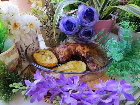 Muslo de pollo al ast con patata al microondas y grill