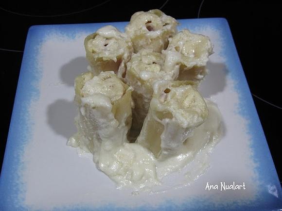 Lasaña enrollada de jamón y queso